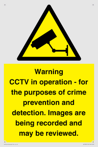 Warning CCTV in operation - for the purposes of crime prevention and detection. Images are being recorded and may be reviewed.